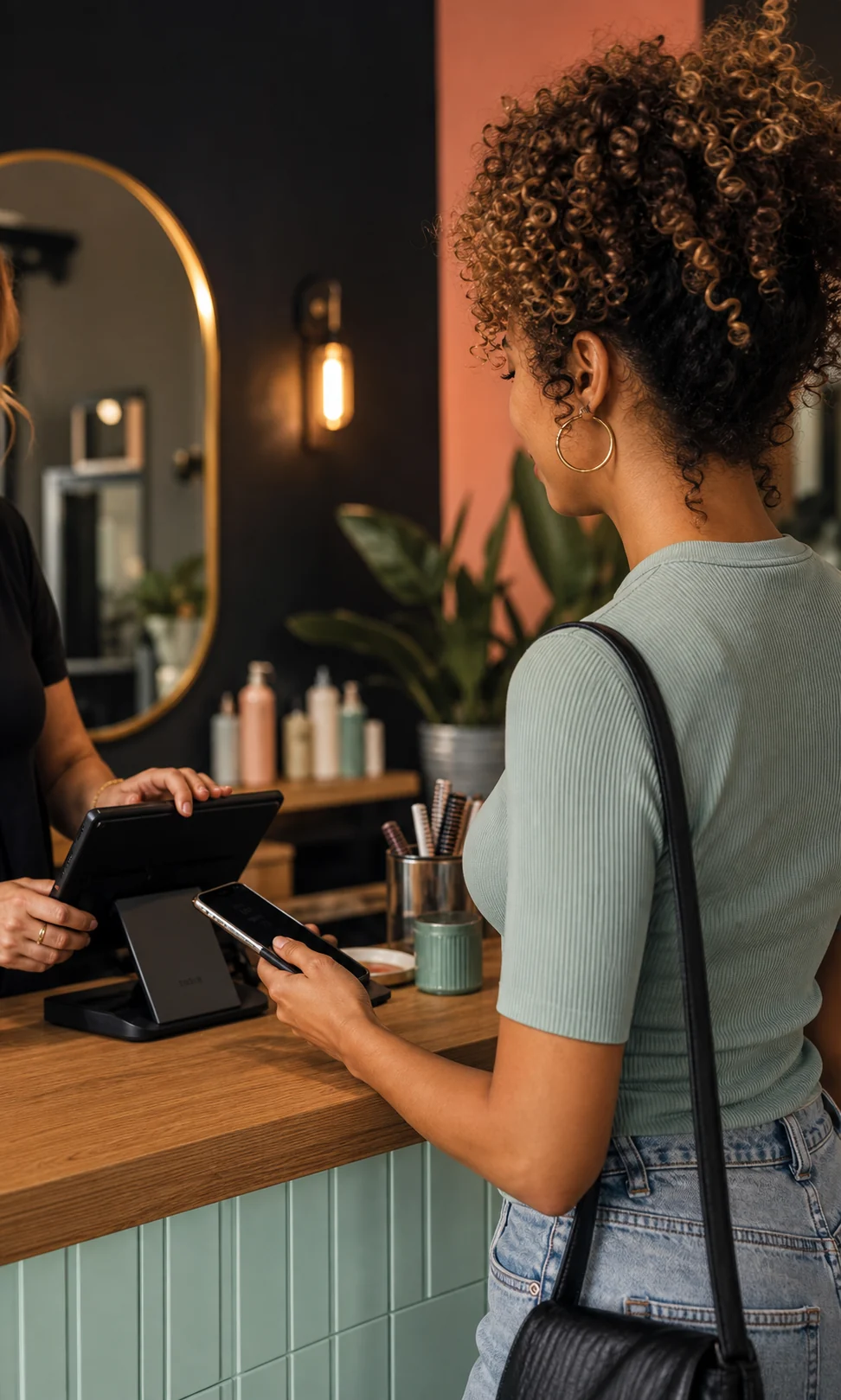 A curly-haired salon client completing contactless checkout and rebooking